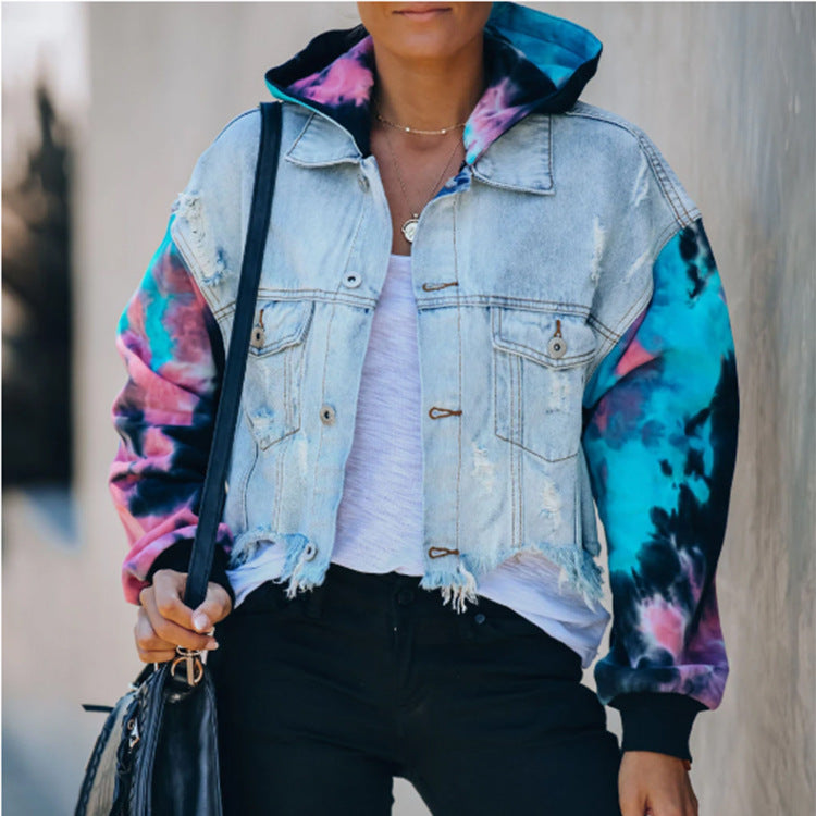 Ladies tie-dye contrast denim jacket