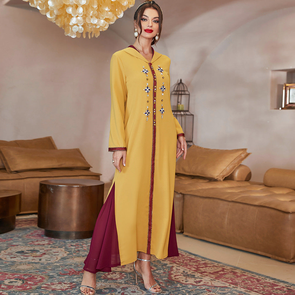 Yellow Hem Stitching Dark Red Mesh Dress
