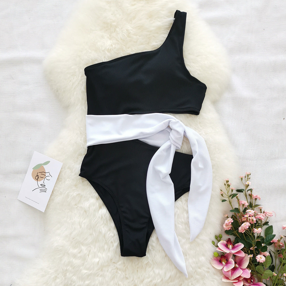 One-shoulder Plain Swimsuit Leopard Print Swimsuit