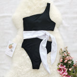 One-shoulder Plain Swimsuit Leopard Print Swimsuit
