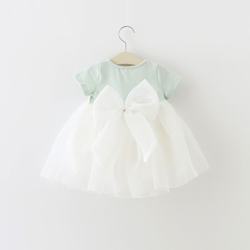 Summer Girls Skirt Middle Children's Back Big Bow Short Sleeve Dress Baby Princess Mesh Skirt