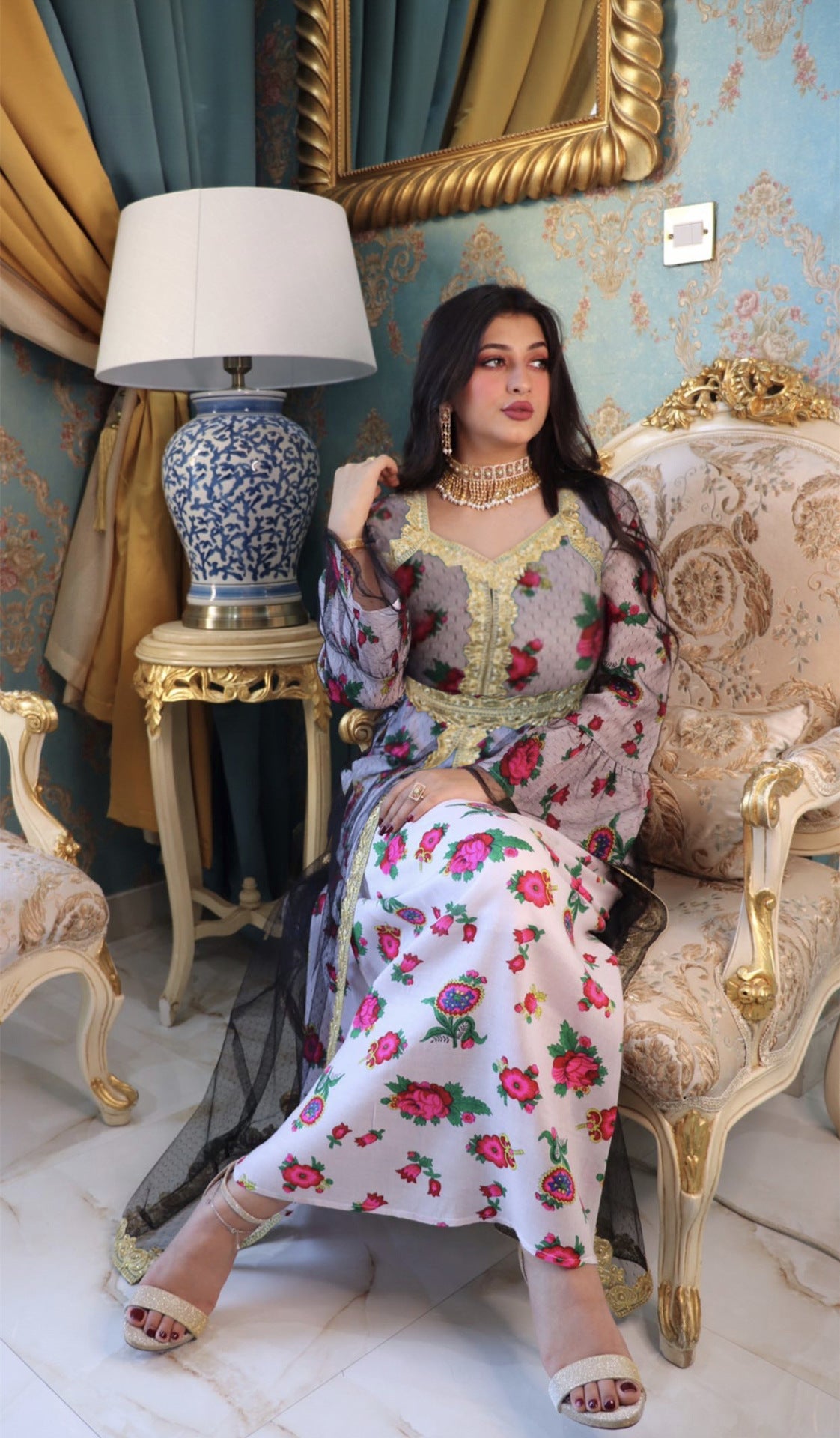 Middle Eastern Ethnic Style Printed Embroidery Lace Mesh Dress