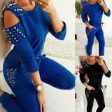 Beaded Solid Color Round Neck Long Sleeve Off-the-shoulder Sweatshirt Set