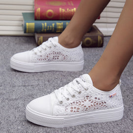 Women Shoes 2022 Fashion Summer Casual White Shoes Cutouts Lace Canvas