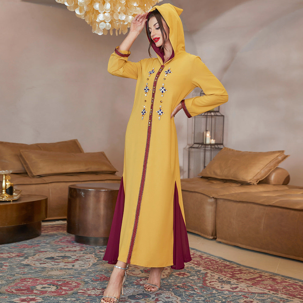 Yellow Hem Stitching Dark Red Mesh Dress