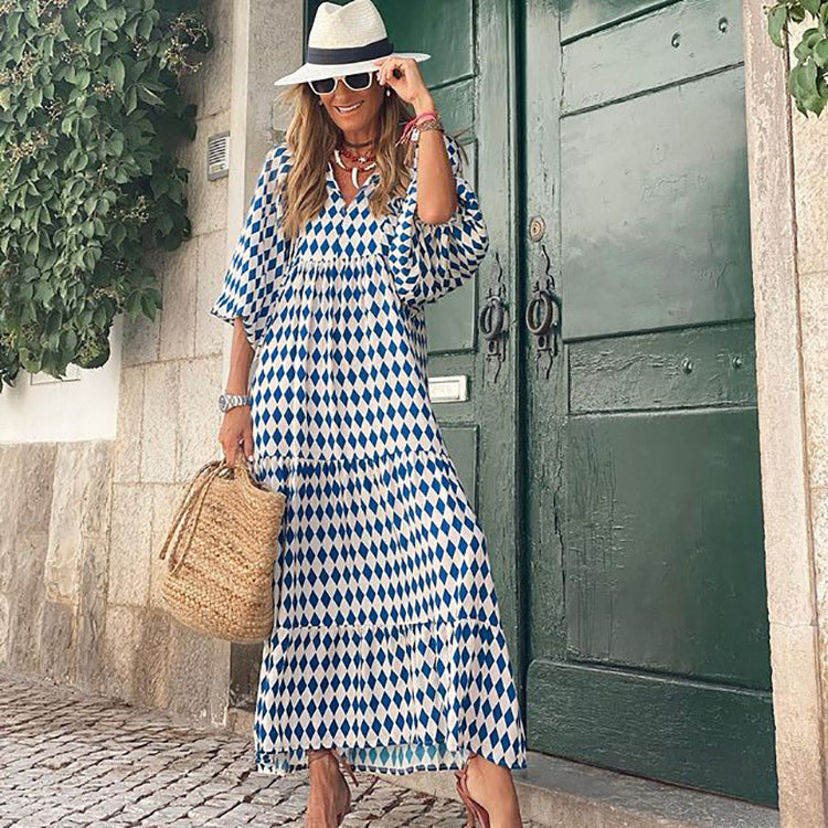 New Geometric Collage Puff Sleeve Dress Plus Size Women's Clothing