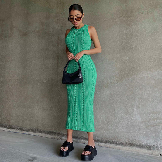 Casual Knitted Sleeveless Round Neck Dress Women