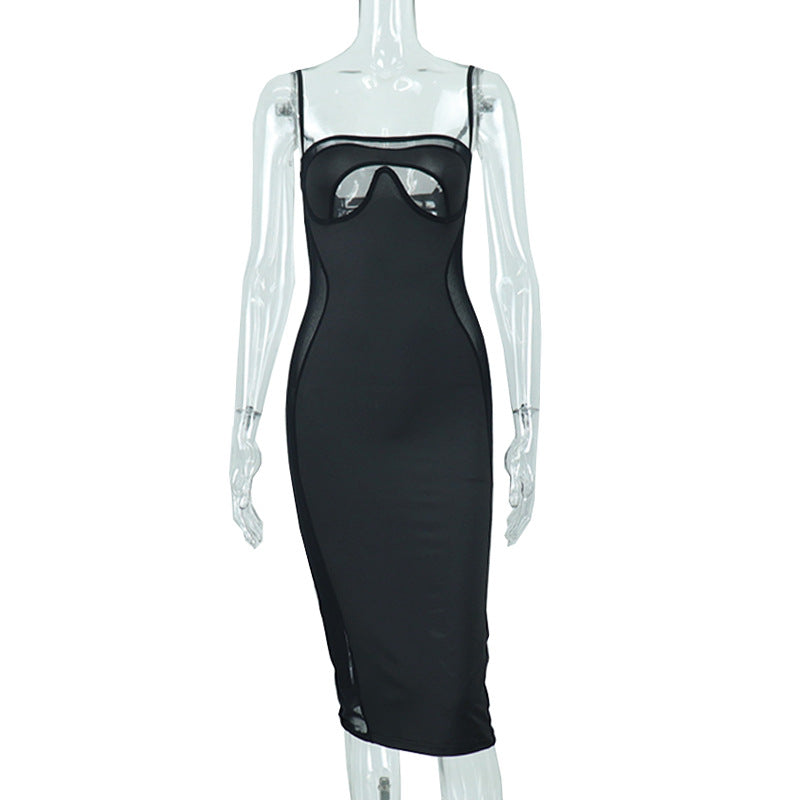 Perspective Mesh Splice Straight Neck Strap Dress