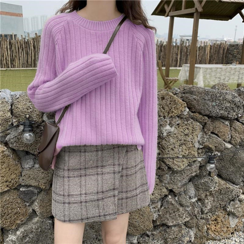 Women's Long-sleeved Pullover Sweater New Solid Color Loose Knit Sweater Women