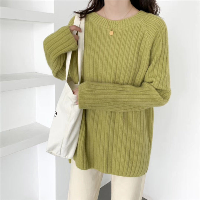 Women's Long-sleeved Pullover Sweater New Solid Color Loose Knit Sweater Women