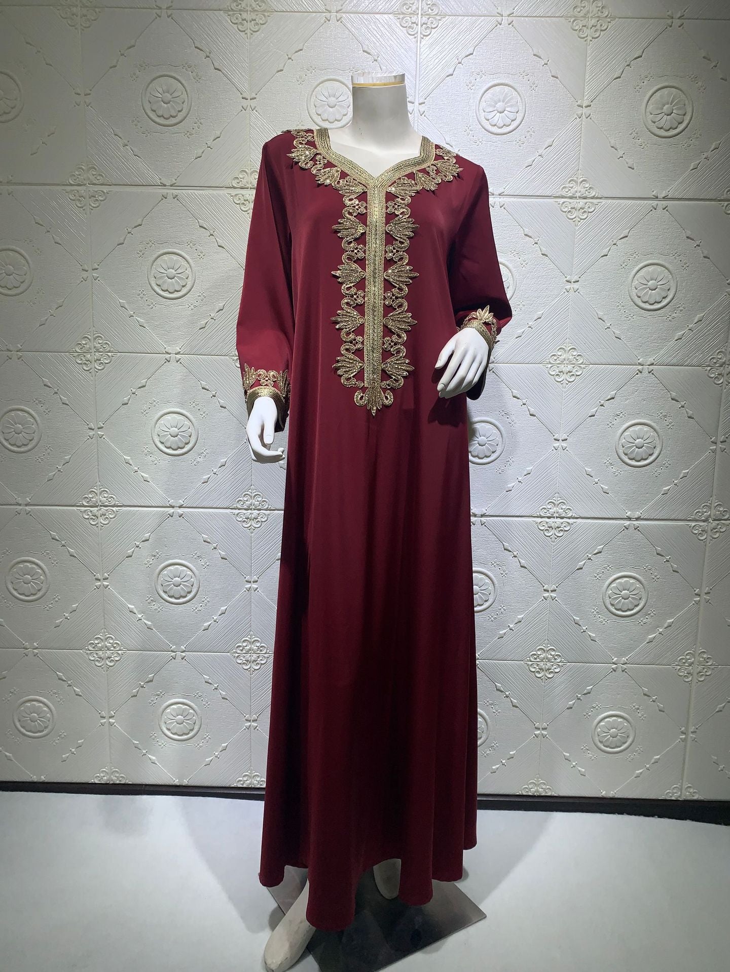 Middle East Dubai Embroidery  Bronzing Lace Jalabiya Dress