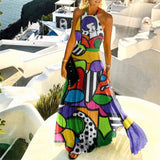 Printed Pleated Neck Dress Women's Long Skirt