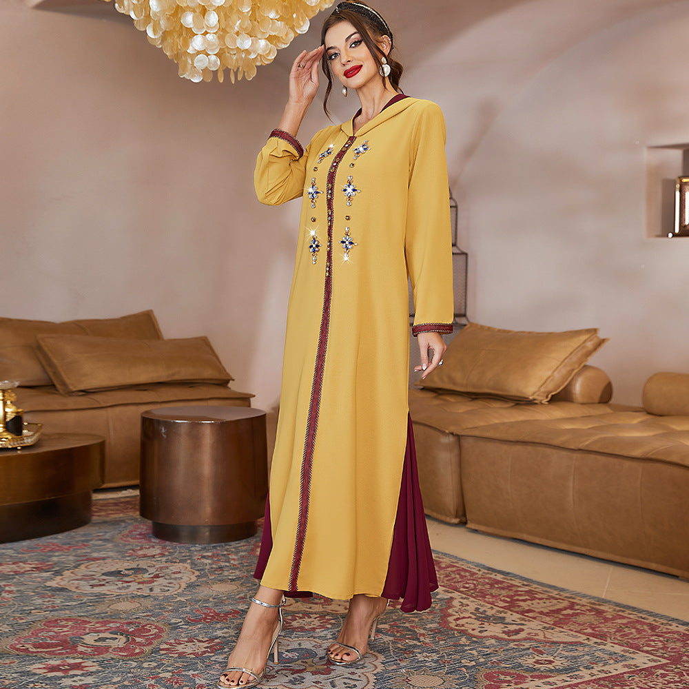 Yellow Hem Stitching Dark Red Mesh Dress