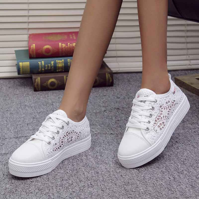 Women Shoes 2022 Fashion Summer Casual White Shoes Cutouts Lace Canvas