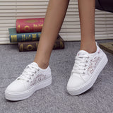 Women Shoes 2022 Fashion Summer Casual White Shoes Cutouts Lace Canvas