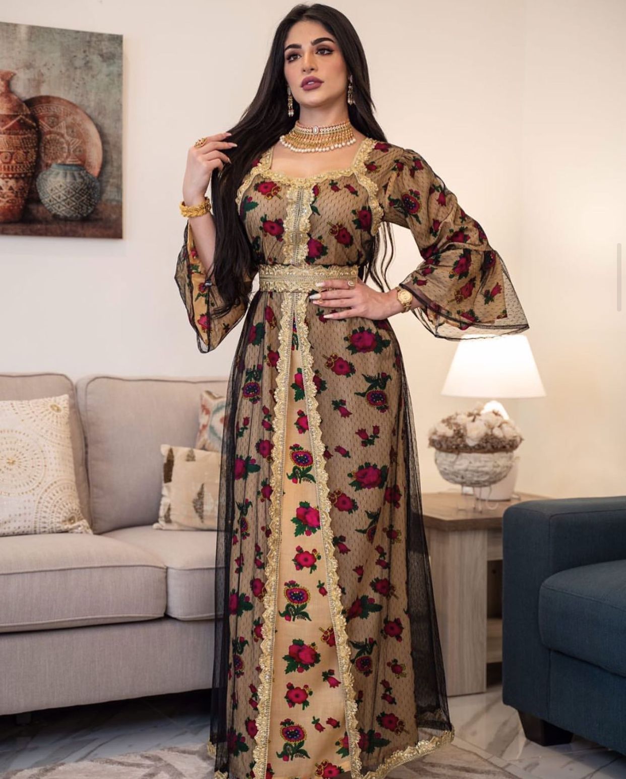 Middle Eastern Ethnic Style Printed Embroidery Lace Mesh Dress