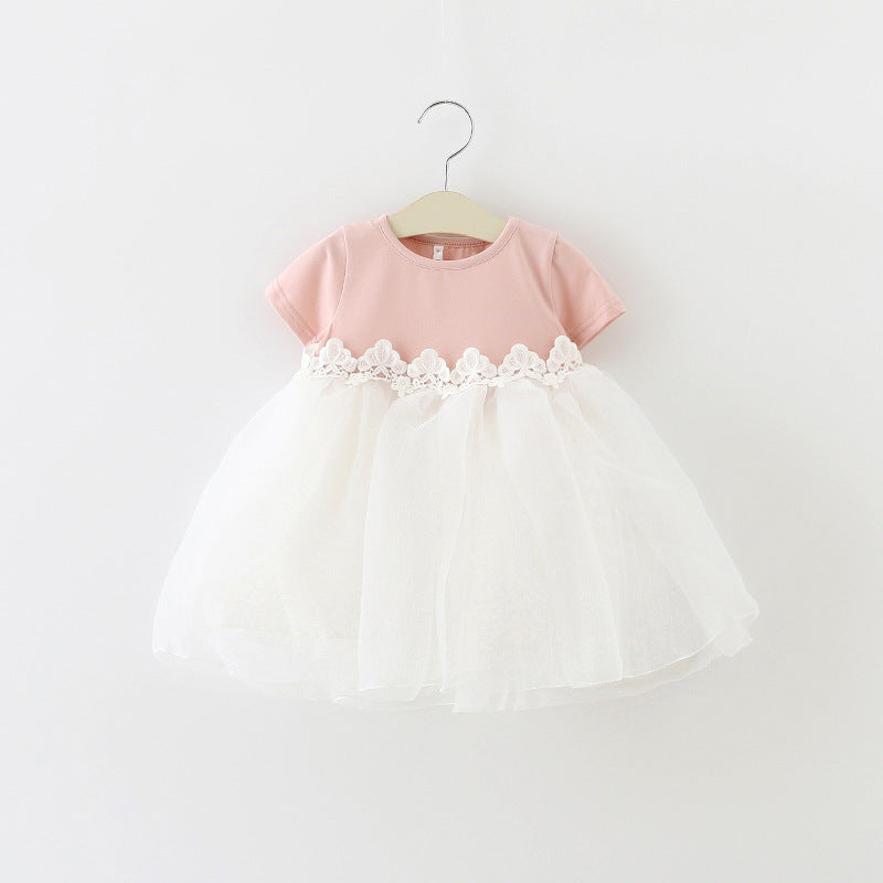 Summer Girls Skirt Middle Children's Back Big Bow Short Sleeve Dress Baby Princess Mesh Skirt