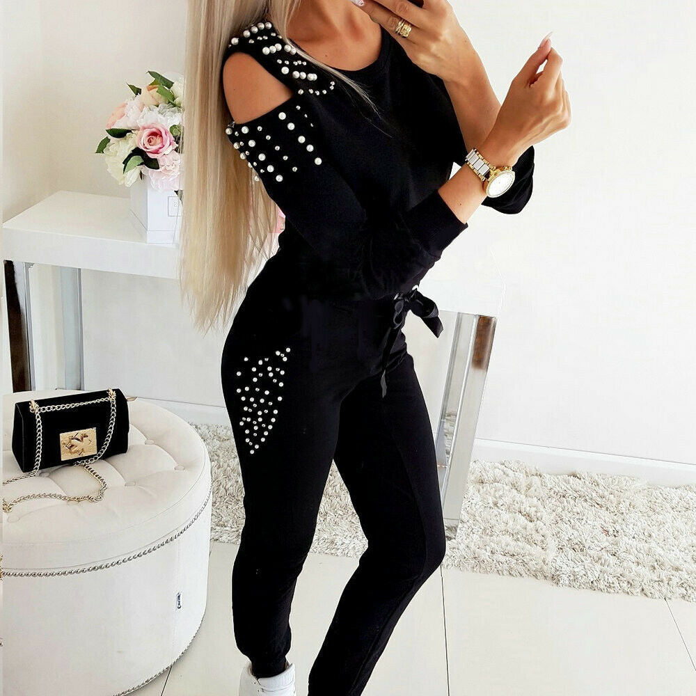 Beaded Solid Color Round Neck Long Sleeve Off-the-shoulder Sweatshirt Set