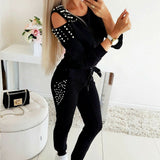 Beaded Solid Color Round Neck Long Sleeve Off-the-shoulder Sweatshirt Set