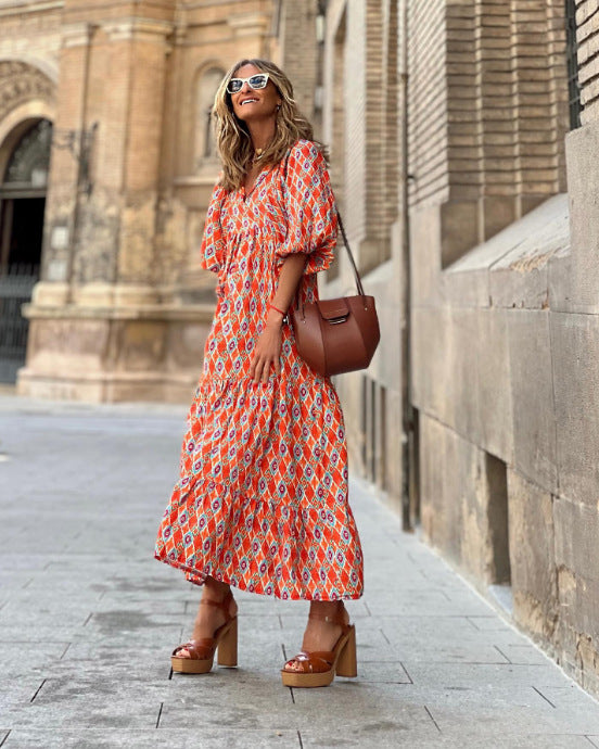 New Geometric Collage Puff Sleeve Dress Plus Size Women's Clothing